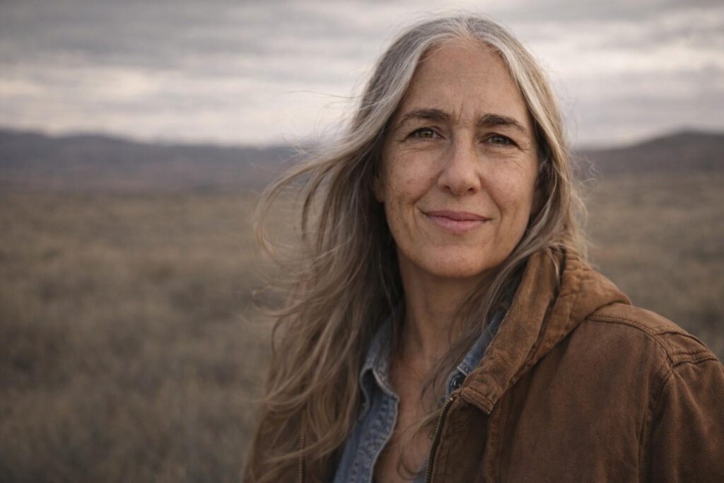 Woman with hair down, brown Carhart jacket over a jean shirt.