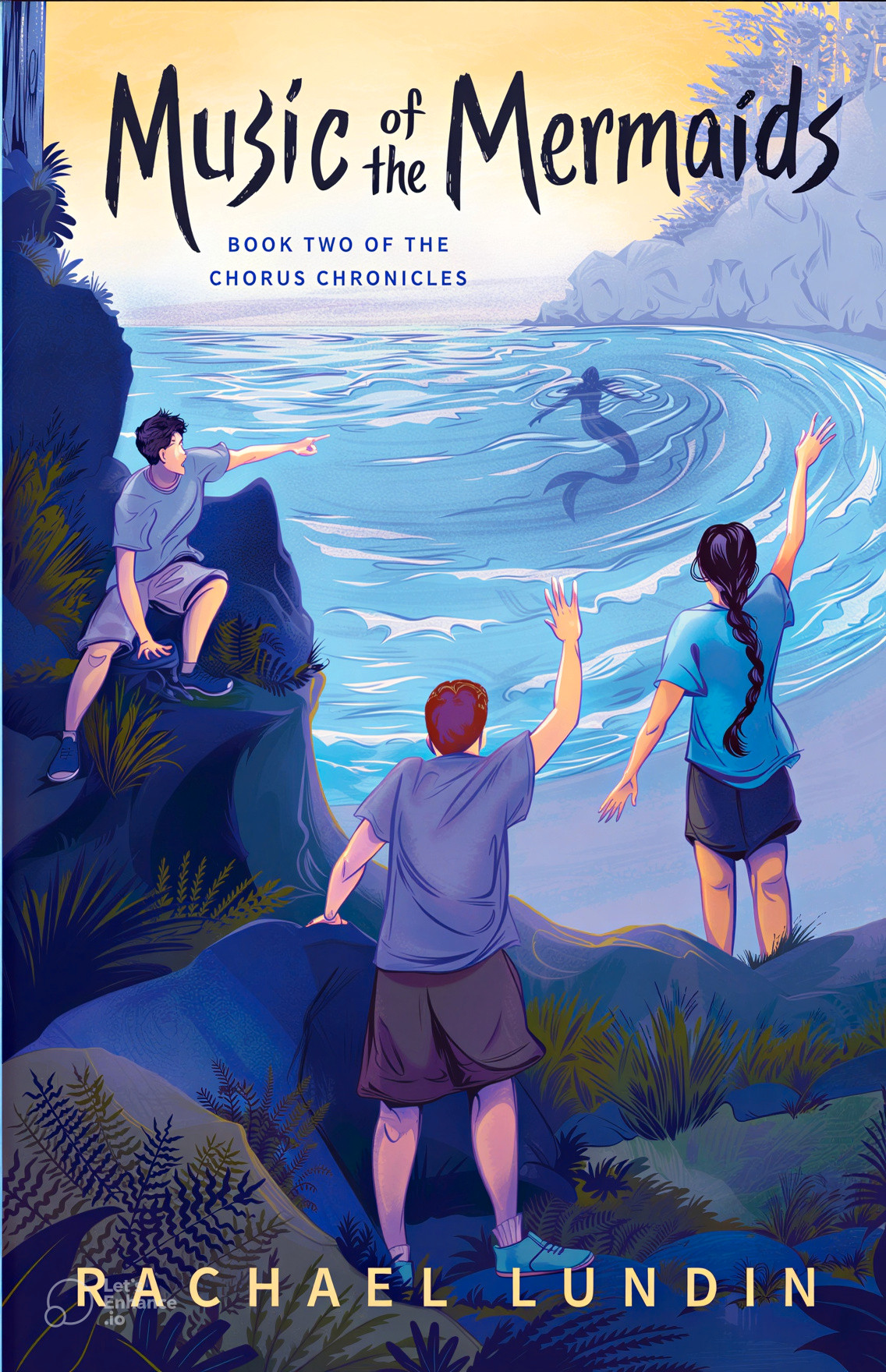Cover of Music of the Mermaids, Book Two of the Chorus Chronicles. Three kids on a rocky shore wave and point toward a mermaid swimming in a sunlit cove.
