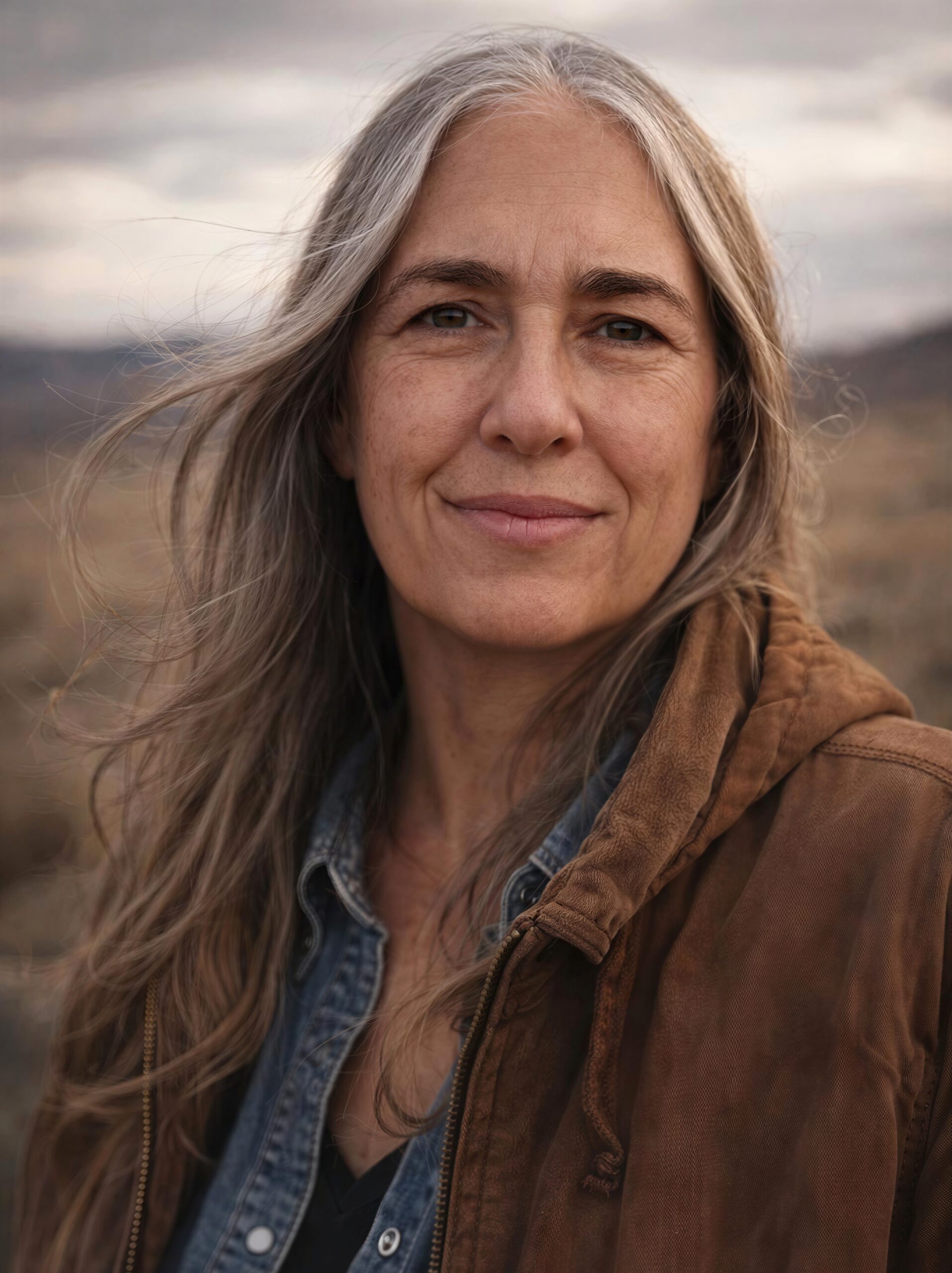 Rachael Lundin, a woman with long silver-gray hair, smiling softly, wearing a brown jacket over a denim shirt, outdoors against a blurred, windswept landscape.