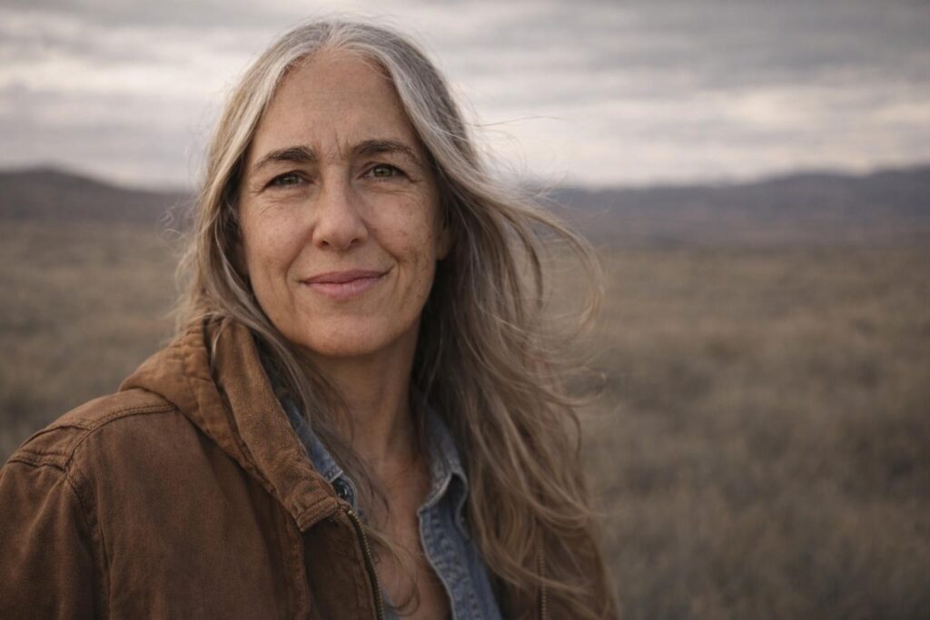 Rachael Lundin, hair blowing in the wind, brown jacket and the Mongolian landscape in the background