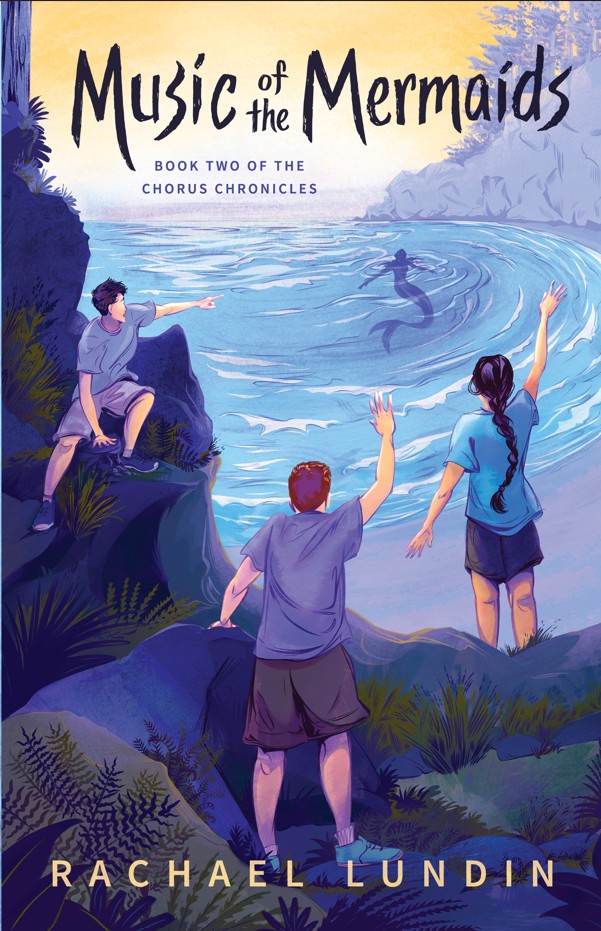 Music of the Mermaids, three teens on a rocky beach overlooking a bay with a shadowy mermaid